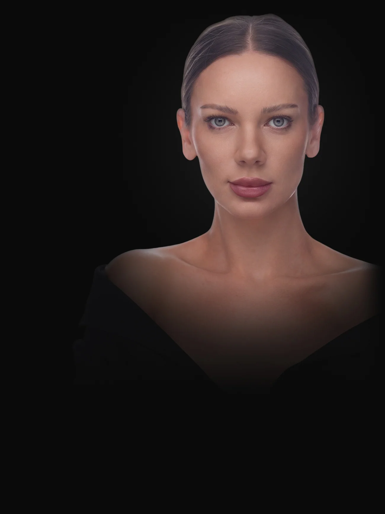 Roxana Diaconu in a black off-the-shoulder top, her hair slicked back.